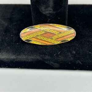 Vintage Enamel Oval Brooch Gold Tone Brown Yellow Mid Century Pin